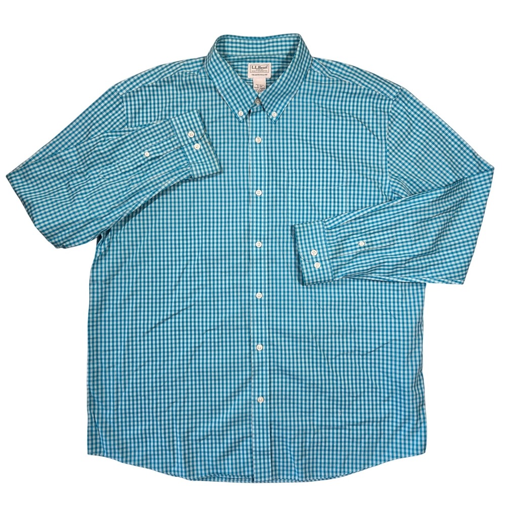 LL Bean‎ Mens XL Traditional Fit Gingham Button Down Shirt Teal White 280477